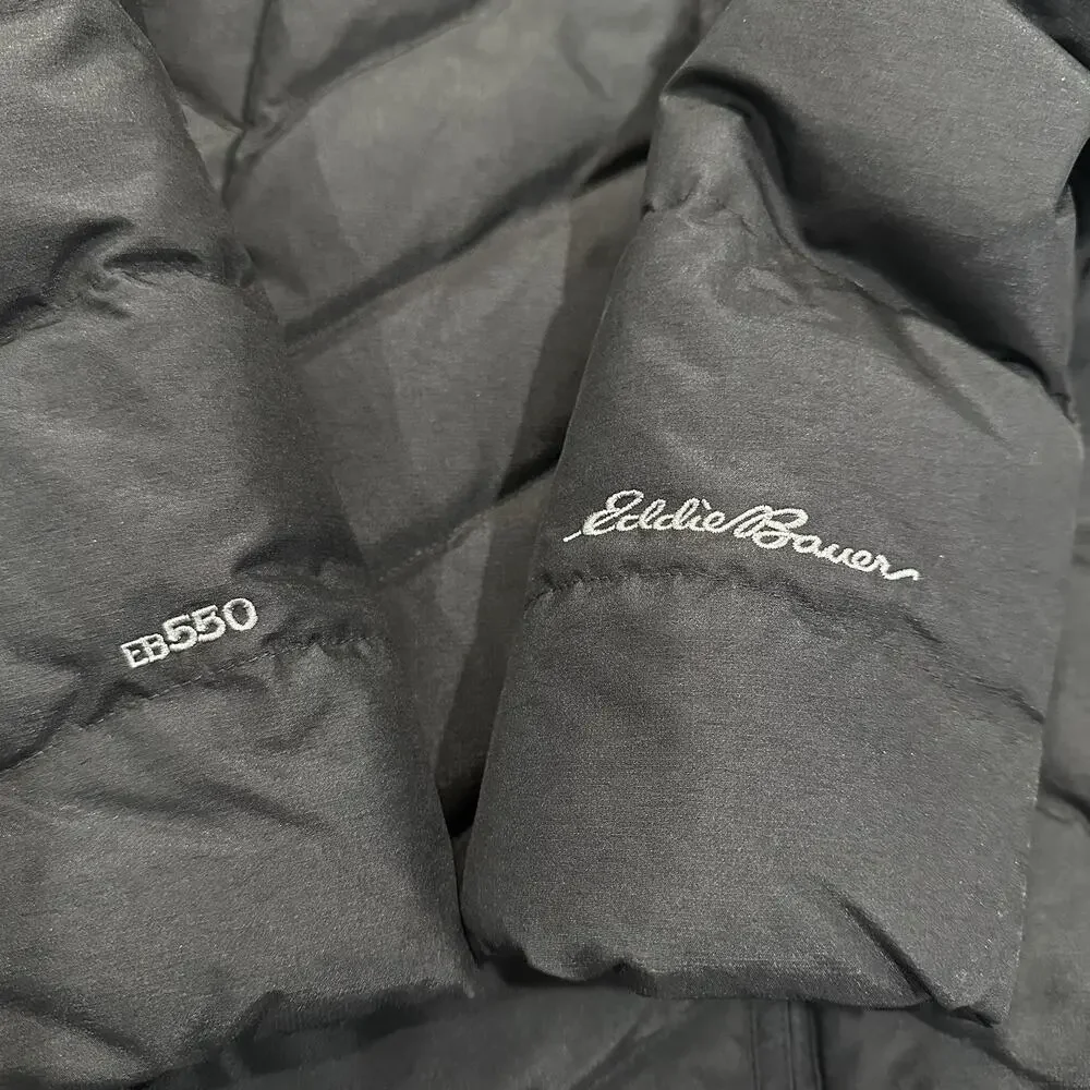 Eddie Bauer Wmn's EB550 Goose Down Puffer Coat Parka Hooded Fur Trim Black Sz S - Picture 6 of 11